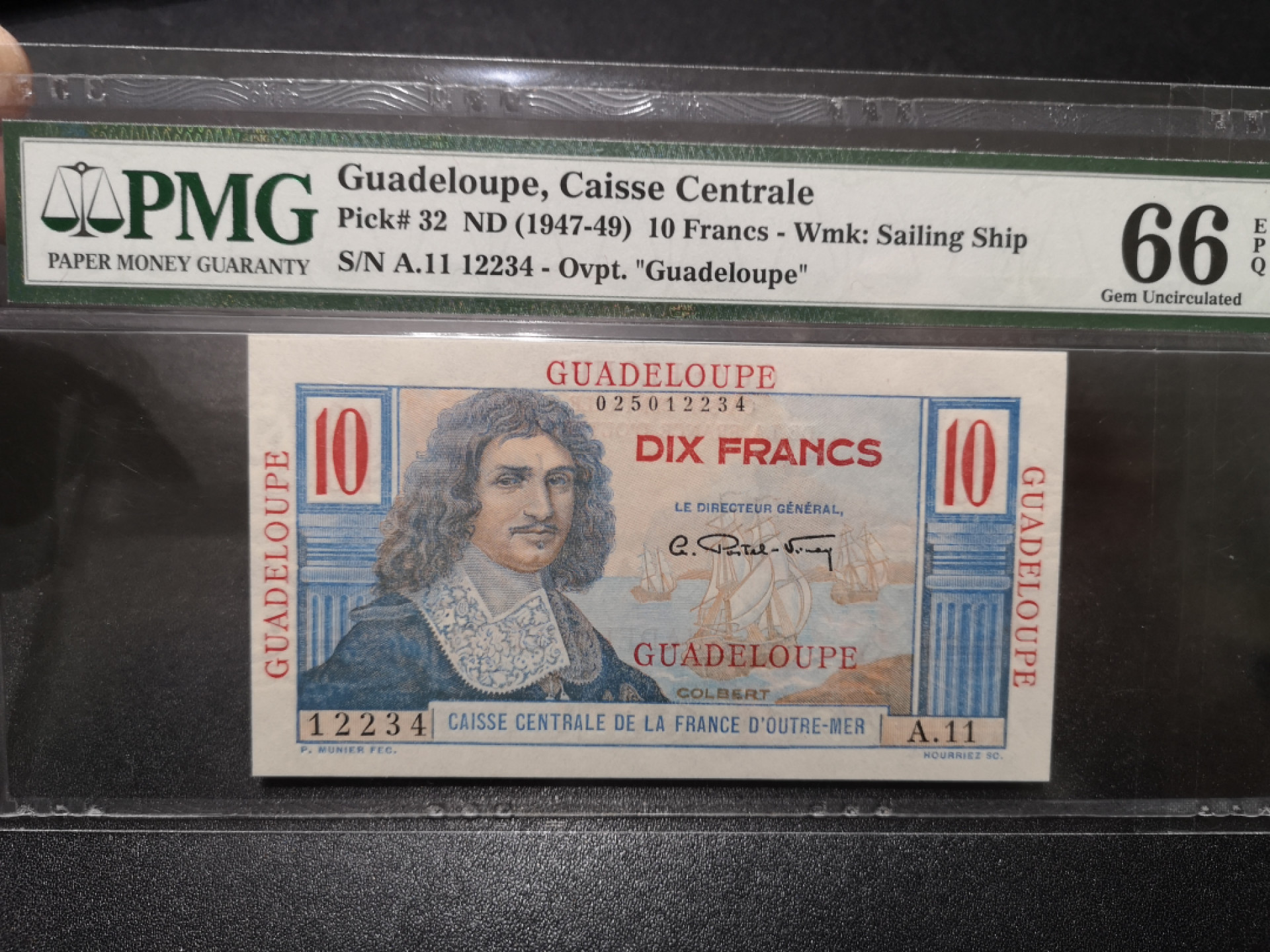 《外钞收藏家》第一百五十七期拍卖（本期62件）（连拍场） 1947年瓜德罗普10法郎  PMG66