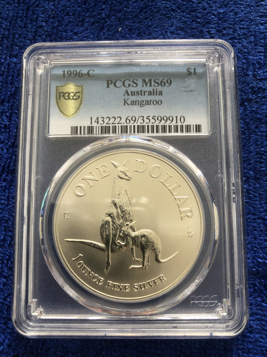【保诚微拍】第4拍 世界钱币拍卖，88拍！ 【PCGS MS69高分】澳大利亚 1996-C版 袋鼠 银币 （31.1克 0.999银）