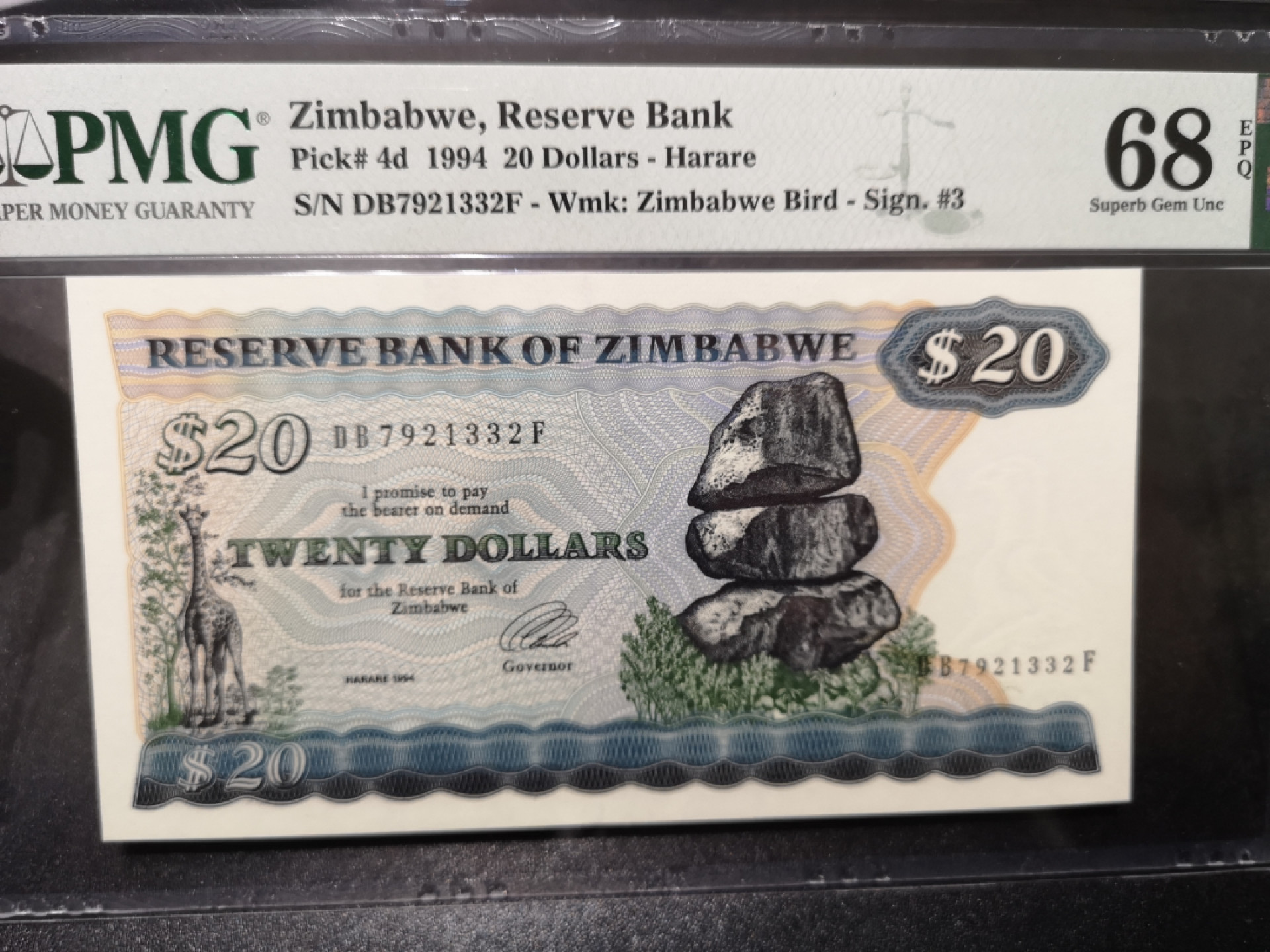 《外钞收藏家》第一百五十七期拍卖（本期62件）（连拍场） 1994年津巴布韦20刀  PMG68