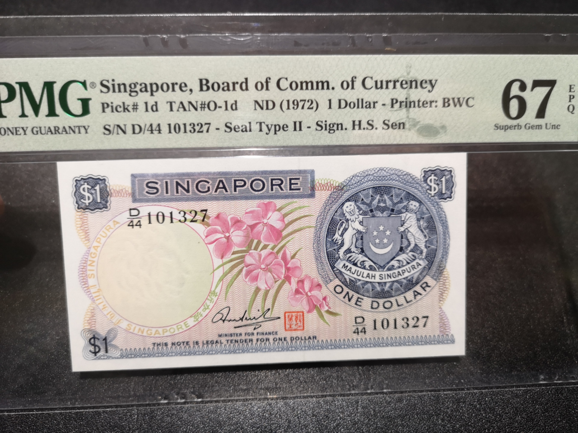 《外钞收藏家》第一百五十七期拍卖（本期62件）（连拍场） 1972年新加坡花版1元 PMG67 BWC作品