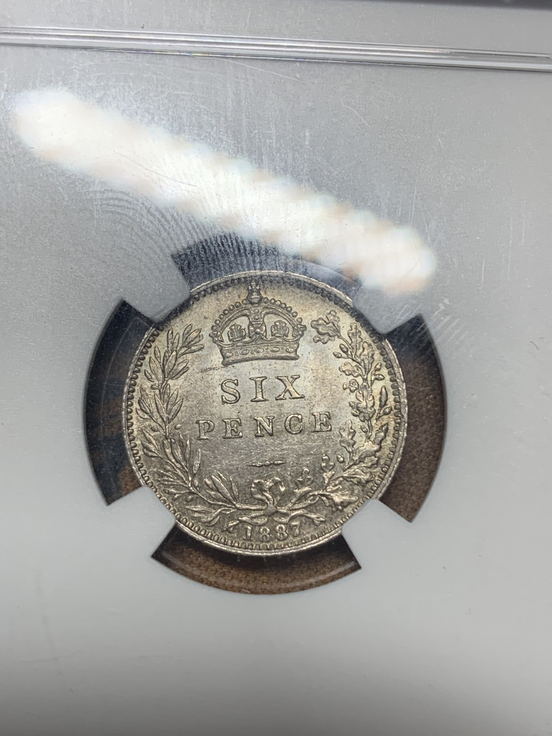 《竞宝斋》钱币微拍-第23场（全场顺丰包邮） NGC MS63 英国 1887年 维多利亚 高冠 少见6便士银币 原味包浆