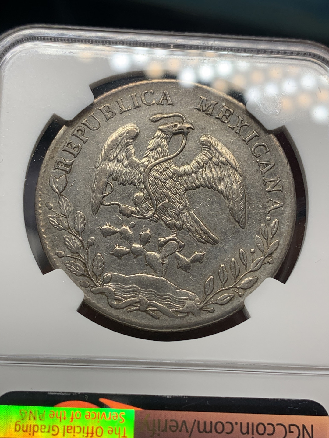 《竞宝斋》钱币微拍-第23场（全场顺丰包邮） NGC-AUD  墨西哥 1894年 8 里亚尔  埃西莫约厂  银币     原味带彩HO厂老鹰