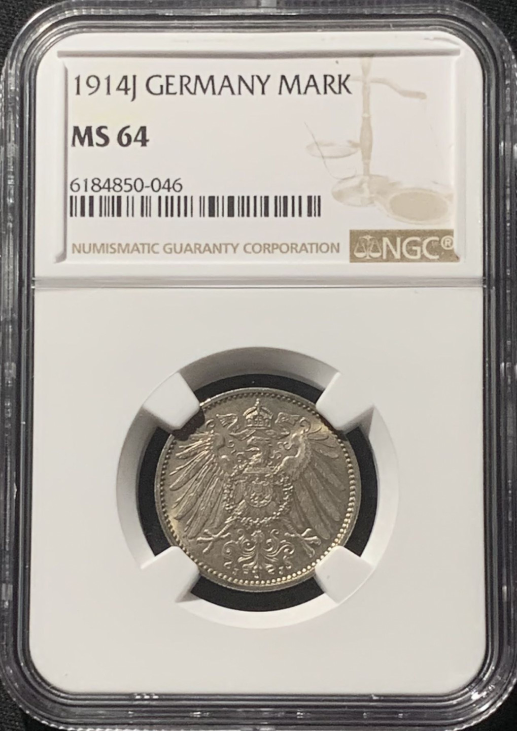 紫瑗钱币——第160期拍卖 德国 1914年 J版 第二帝国 长翅 1马克 银币 NGC MS64