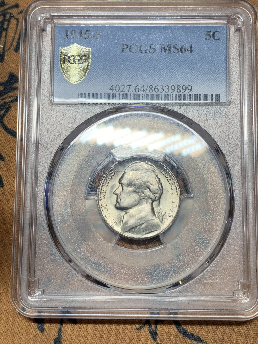 《竞宝斋》钱币微拍-第23场（全场顺丰包邮） PCGS-MS65 美国 1945年 杰弗逊战时五美分 （1942-1945战时低银版）