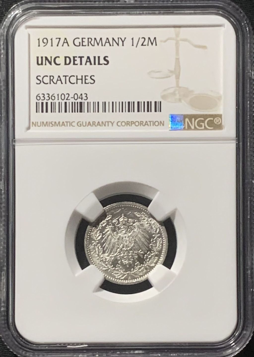 紫瑗钱币——第160期拍卖 德国 1917年 A版 第二帝国 1/2马克 银币 NGC UNC Detail