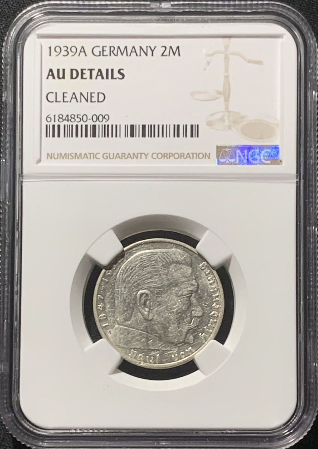 紫瑗钱币——第160期拍卖 德国 1939年 A版 兴登堡 字符版 2马克 银币 NGC AU Detail