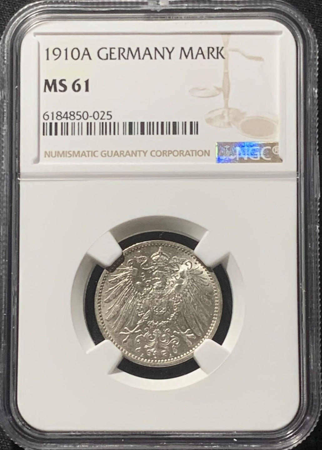紫瑗钱币——第160期拍卖 德国 1910年 A版 第二帝国 长翅 1马克 银币 NGC MS61