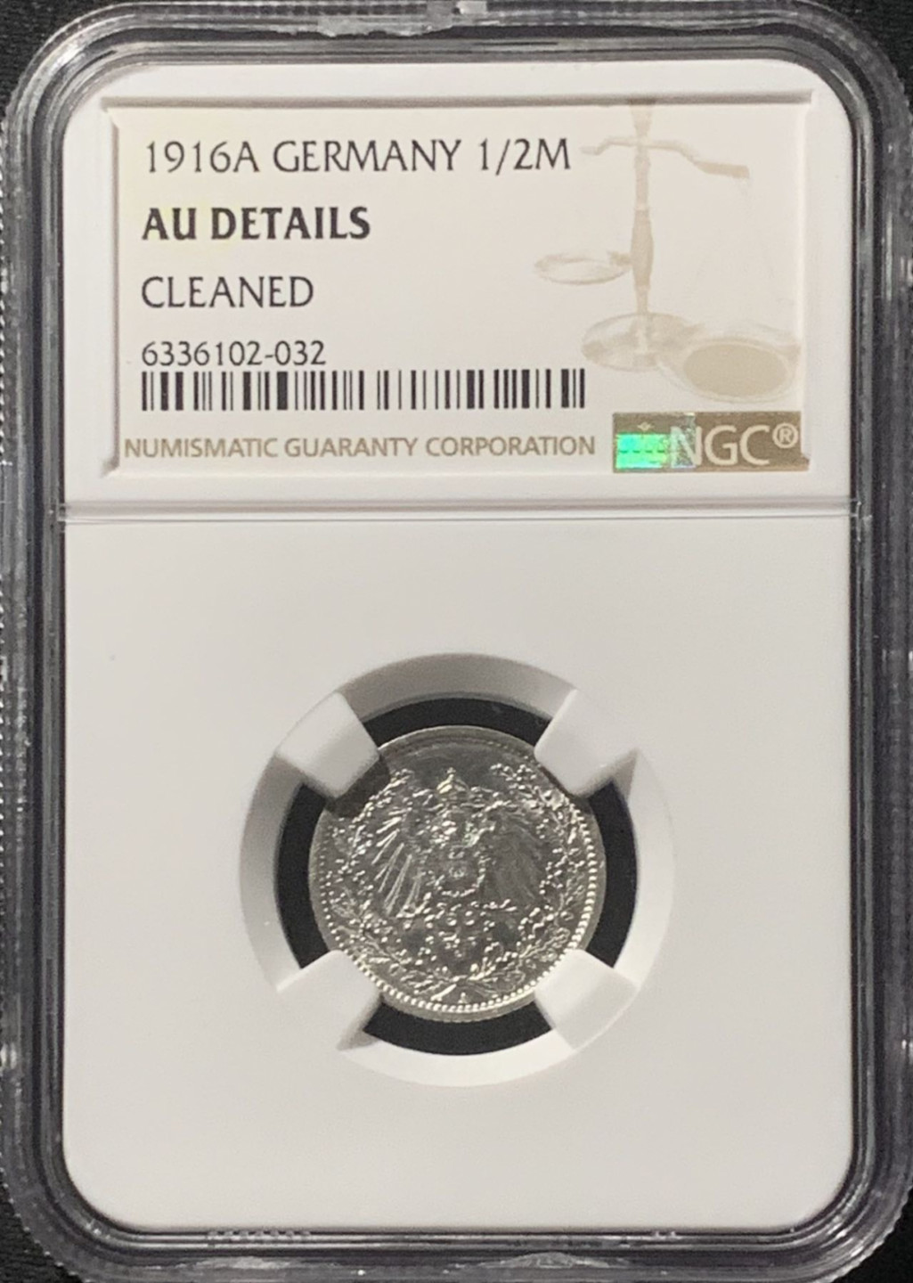 紫瑗钱币——第160期拍卖 德国 1916年 A版 第二帝国 1/2马克 银币 NGC AU Detail