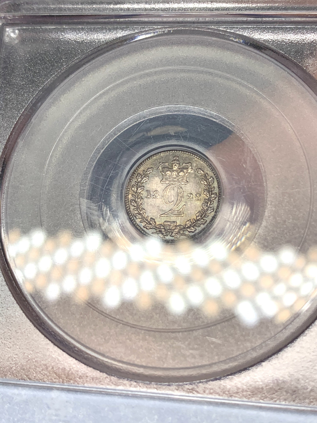 《竞宝斋》钱币微拍-第23场（全场顺丰包邮） PCGS MS63 英国1822 年 乔四 灌足节 2便士 银币 早期低评 花冠无磨损 五彩包浆难得品相