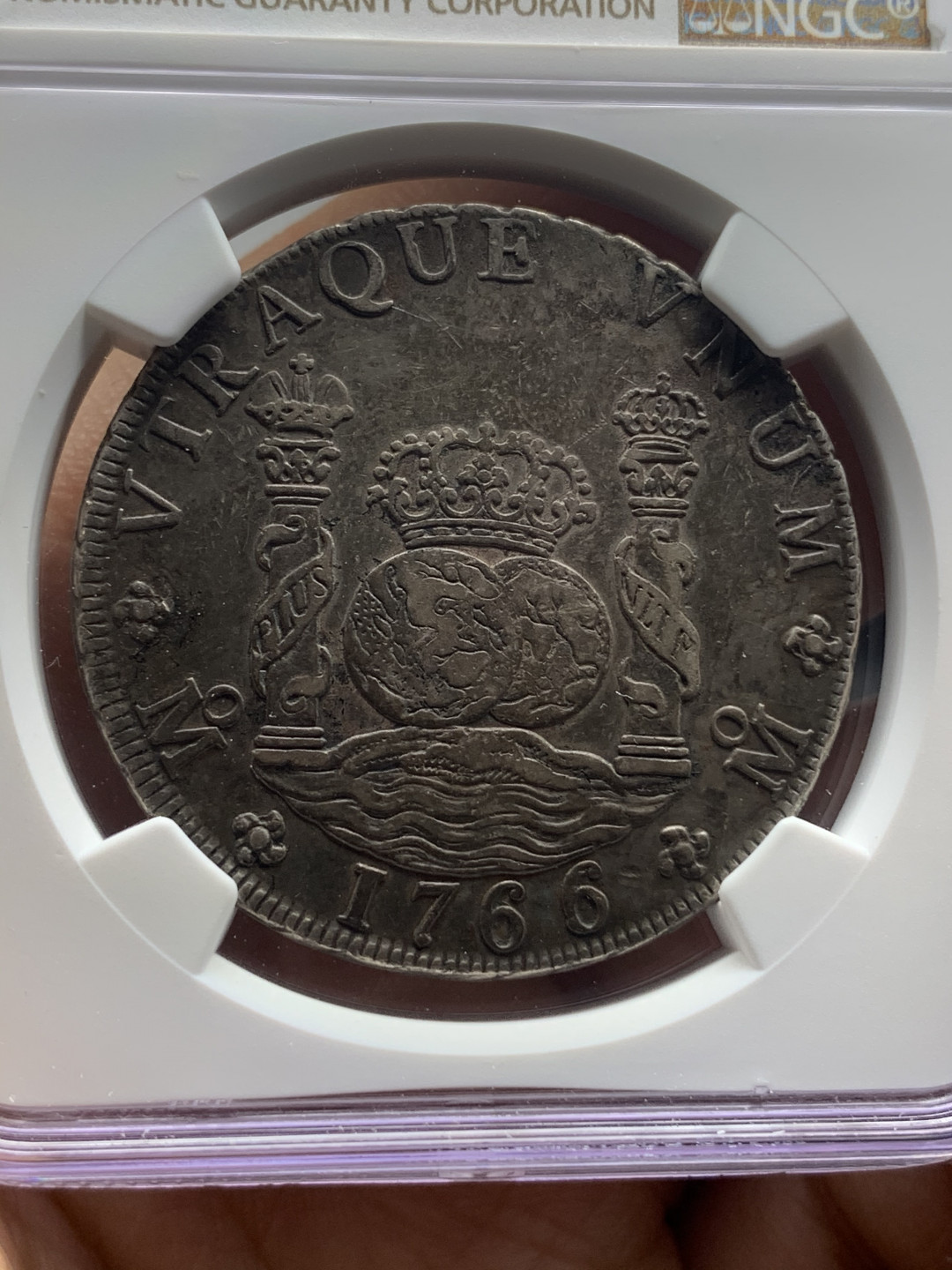 《竞宝斋》钱币微拍-第23场（全场顺丰包邮） NGC-XF45  骑字版1766/5年 墨西哥  双柱地球 骑字8 里亚尔银币  骑字非常少见  黑油彩  