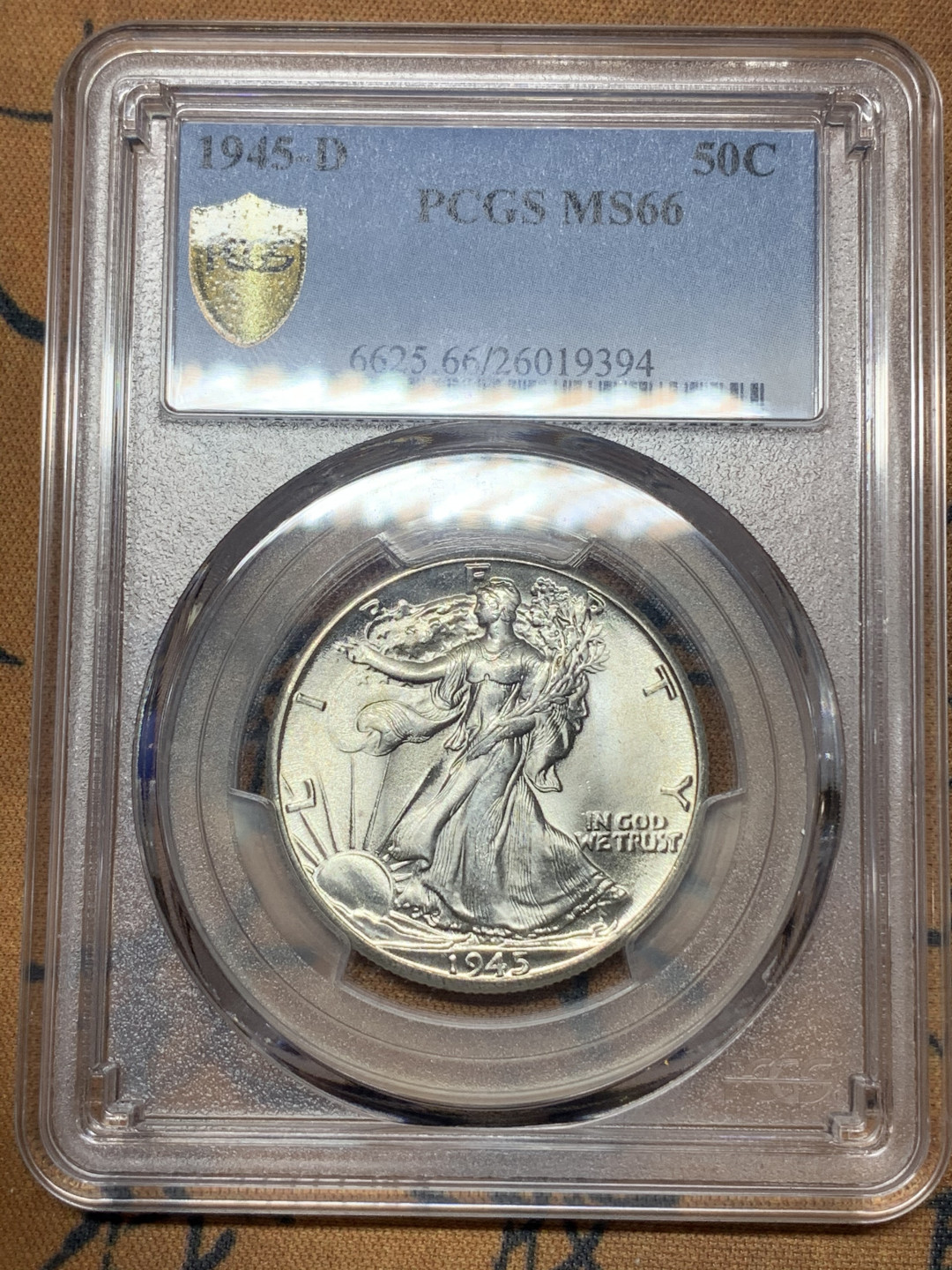 《竞宝斋》钱币微拍-第23场（全场顺丰包邮） PCGS-MS66 美国1945年 行走女神半美元 高分一步到位