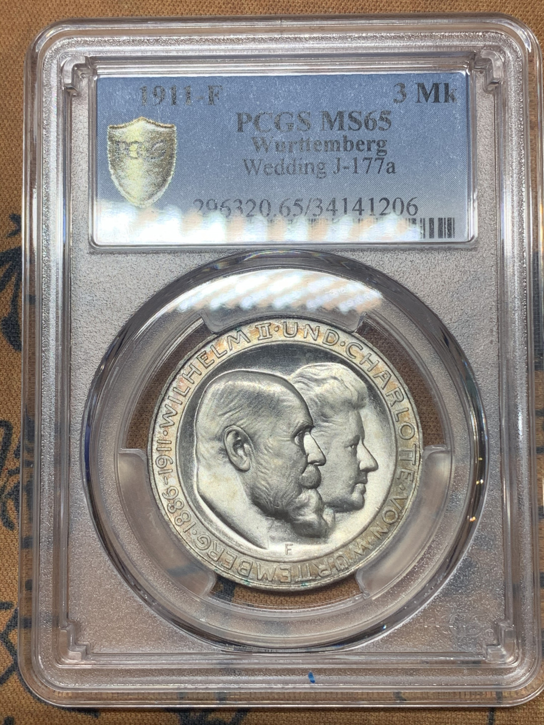 《竞宝斋》钱币微拍-第23场（全场顺丰包邮） PCGS-MS65 德国符腾堡 1911年 银婚纪念 3马克 银币 淡彩包浆 完美细节 分数一步到位