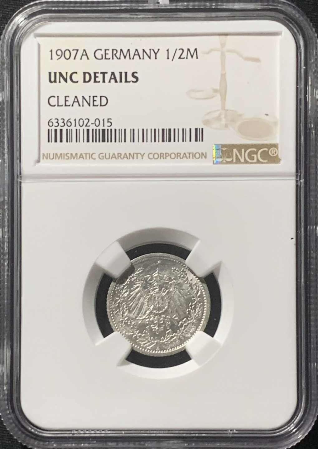 紫瑗钱币——第160期拍卖 德国 1907年 A版 第二帝国 1/2马克 银币 NGC UNC Detail