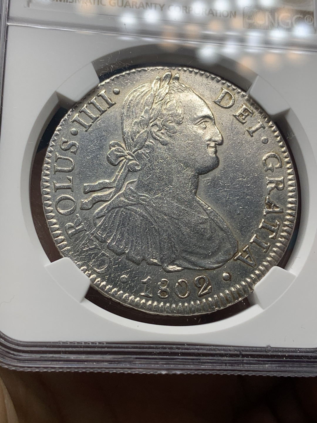 《竞宝斋》钱币微拍-第23场（全场顺丰包邮） NGC-AUD 墨西哥 1802年 8 里亚尔  人像双柱卡洛斯四世  银币      原味