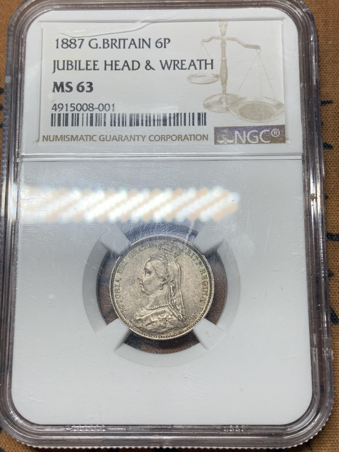 《竞宝斋》钱币微拍-第23场（全场顺丰包邮） NGC MS63 英国 1887年 维多利亚 高冠 少见6便士银币 原味包浆