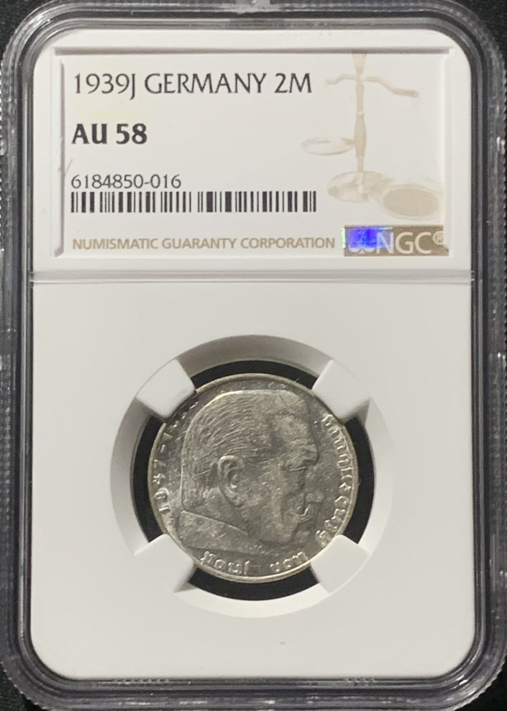 紫瑗钱币——第160期拍卖 德国 1939年 J版 兴登堡 字符版 2马克 银币 NGC AU58