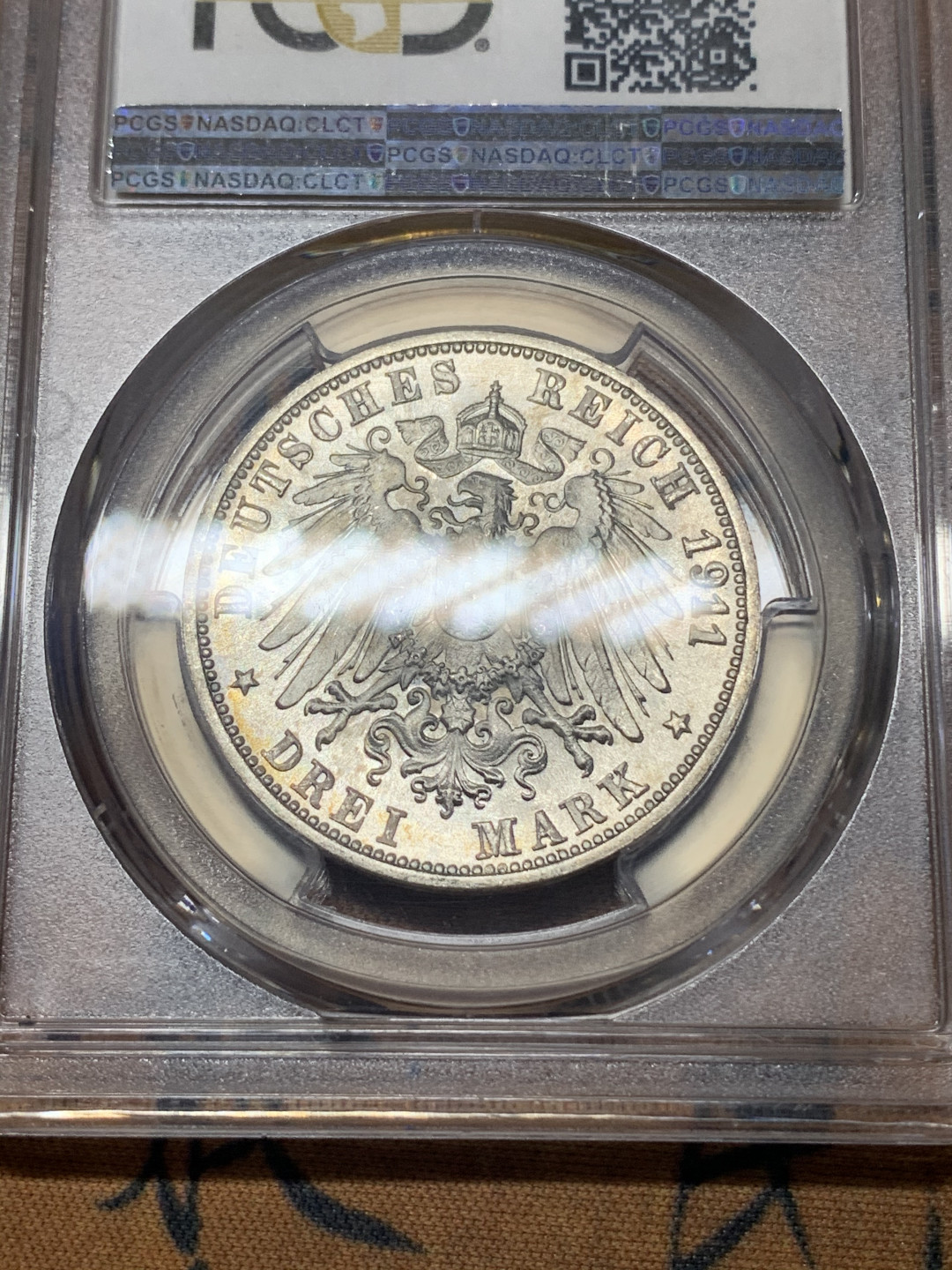 《竞宝斋》钱币微拍-第23场（全场顺丰包邮） PCGS-MS65 德国符腾堡 1911年 银婚纪念 3马克 银币 淡彩包浆 完美细节 分数一步到位