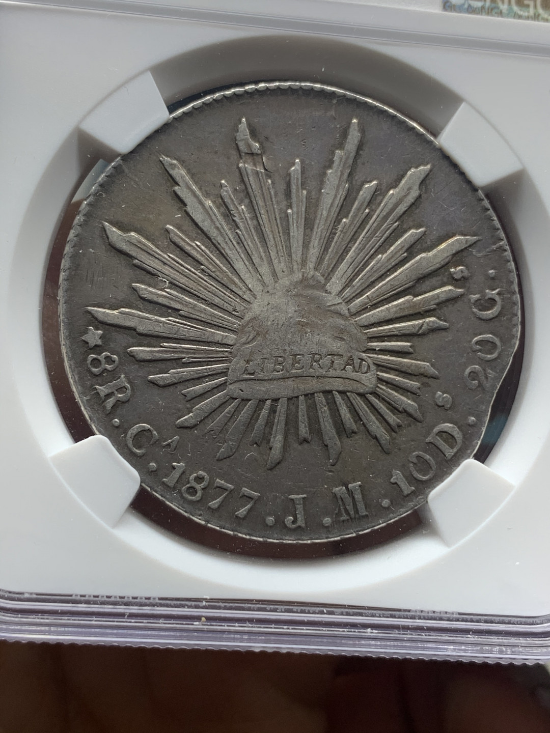 《竞宝斋》钱币微拍-第23场（全场顺丰包邮） NGC-XF40 mint  error  1877  墨西哥  奇瓦瓦厂   8里亚尔  黑彩  