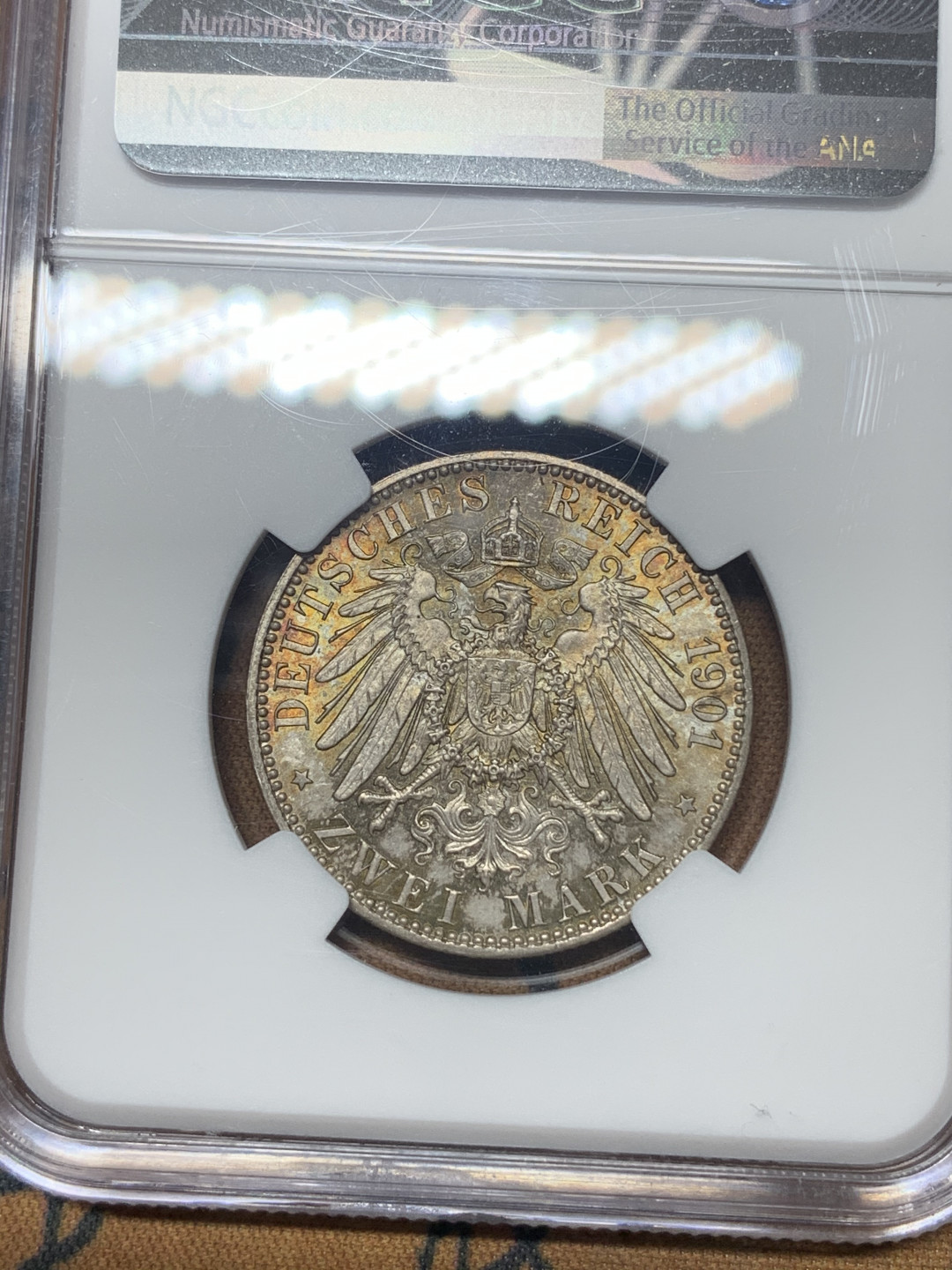 《竞宝斋》钱币微拍-第23场（全场顺丰包邮） ngc-ms65 德国1901年普鲁士建国2马克 纸袋包浆好状态 双面斑驳古铜色彩 实物观感极佳