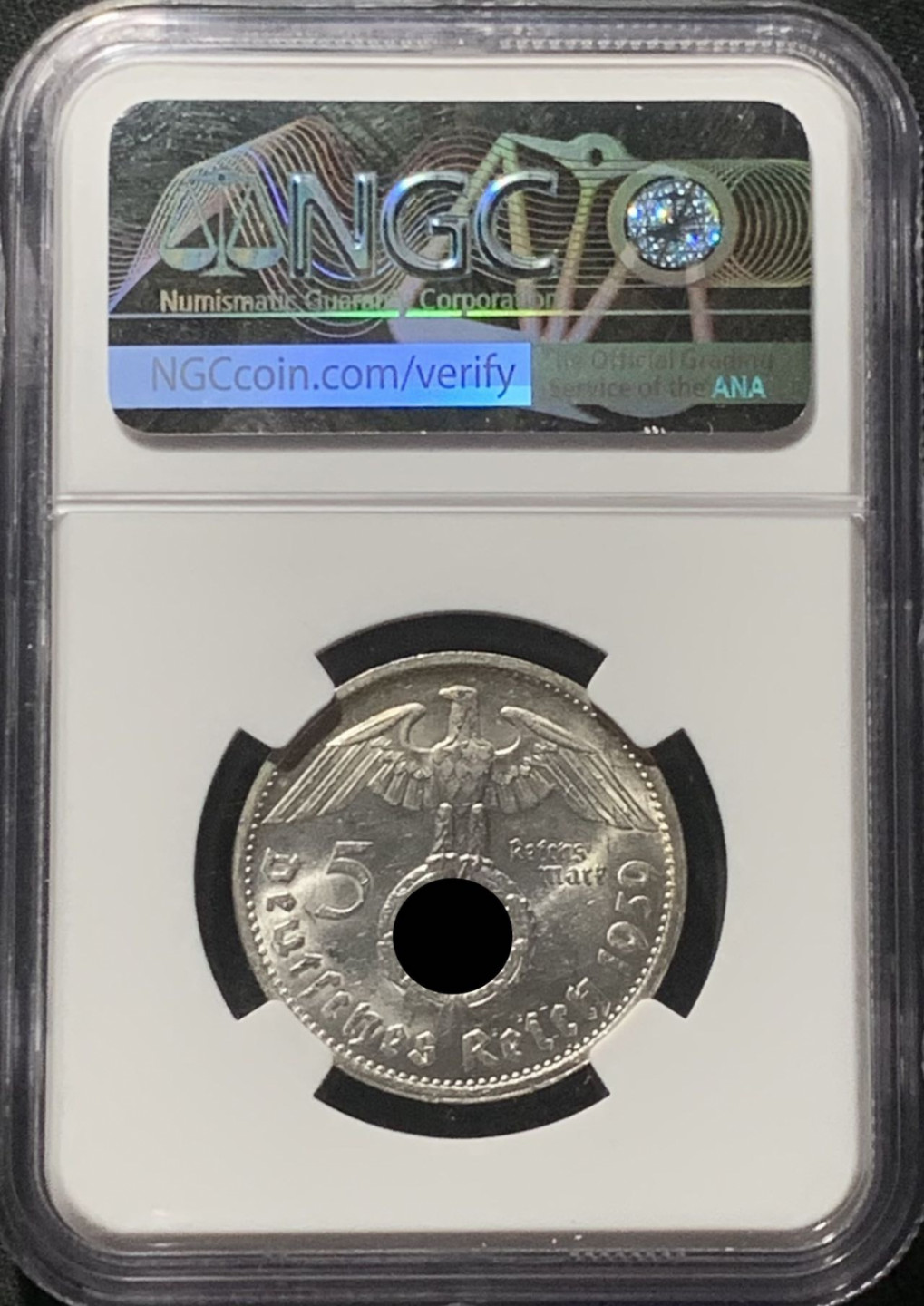 紫瑗钱币——第160期拍卖 德国 1939年 G版 兴登堡 字符版 5马克 银币 NGC MS63