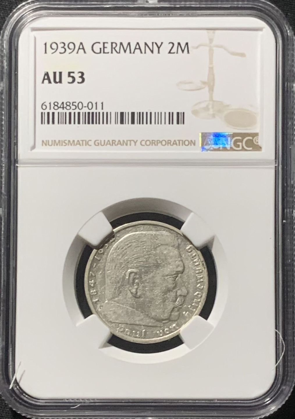 紫瑗钱币——第160期拍卖 德国 1939年 A版 兴登堡 字符版 2马克 银币 NGC AU53