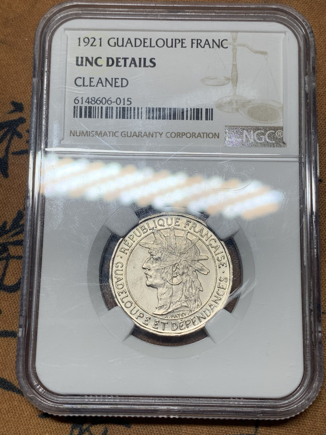 《竞宝斋》钱币微拍-第23场（全场顺丰包邮） NGC评级 法属 瓜德罗普岛 1921年 1法郎