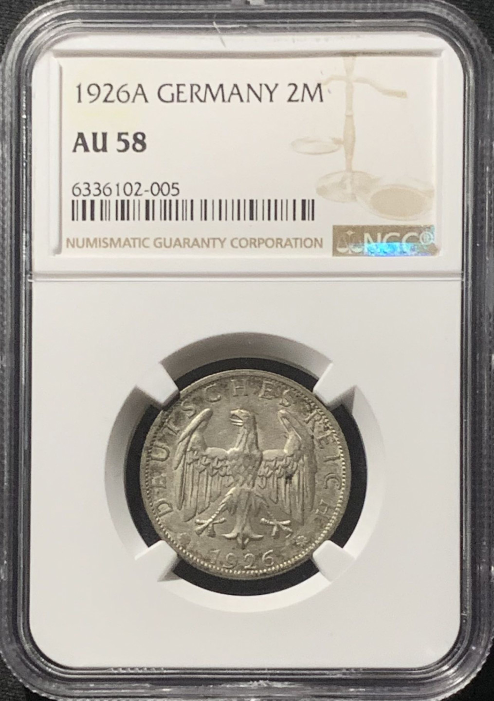 紫瑗钱币——第160期拍卖 德国 1926年 A版 魏玛德国 2马克 银币 NGC AU58
