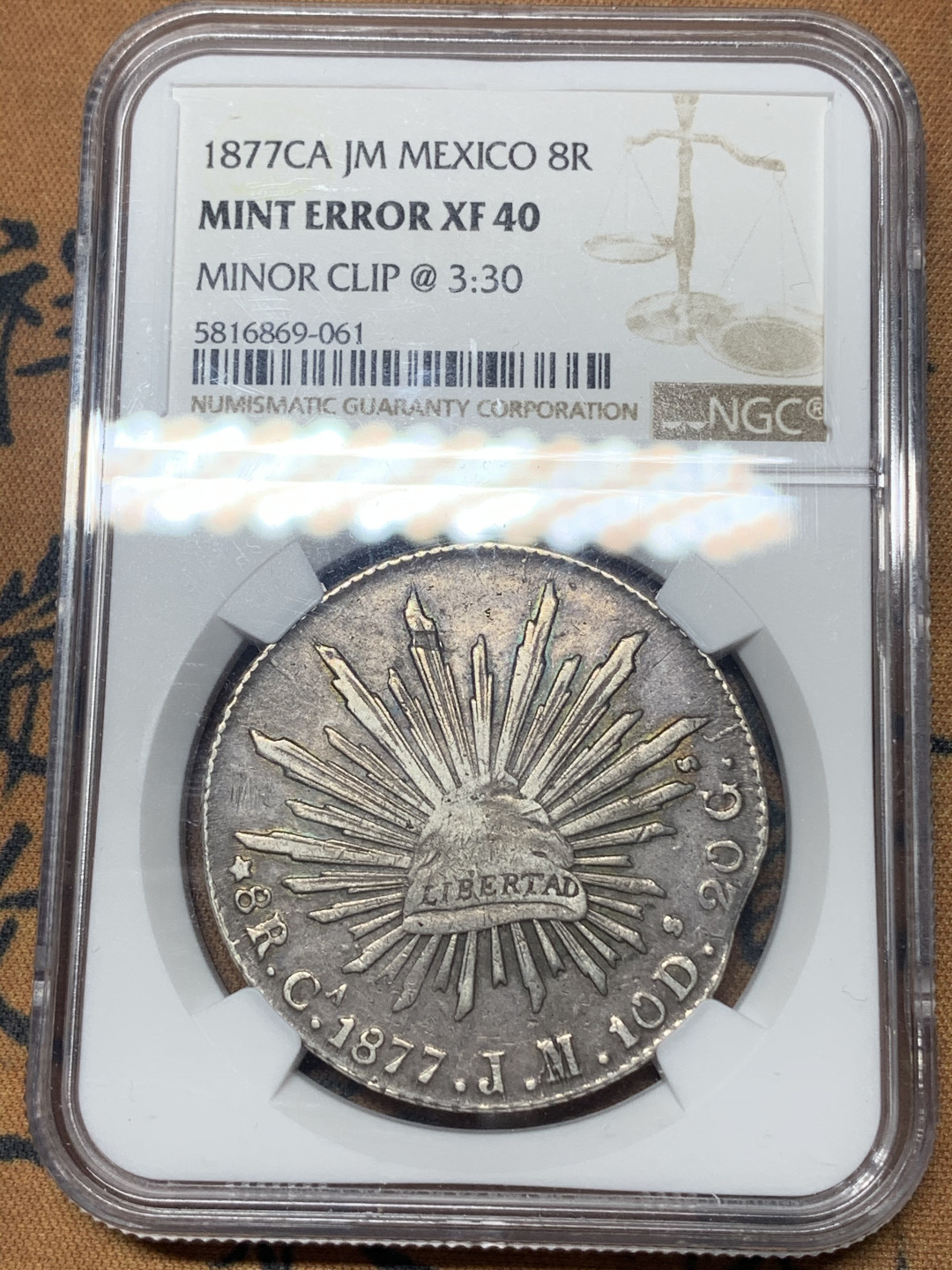 《竞宝斋》钱币微拍-第23场（全场顺丰包邮） NGC-XF40 mint  error  1877  墨西哥  奇瓦瓦厂   8里亚尔  黑彩  