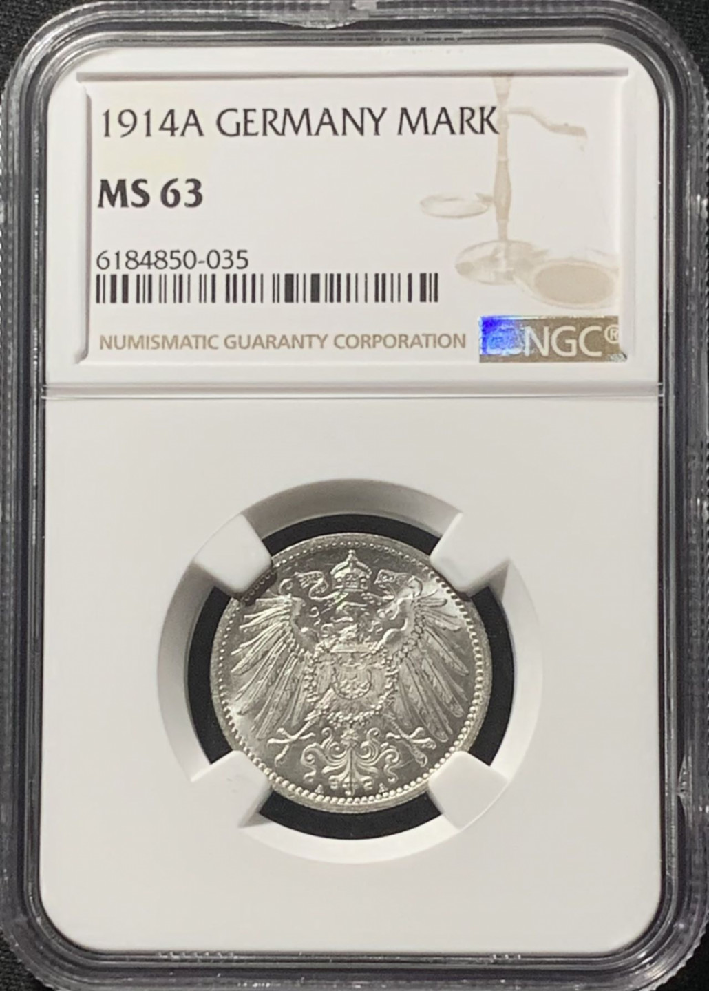 紫瑗钱币——第160期拍卖 德国 1914年 A版 第二帝国 长翅 1马克 银币 NGC MS63