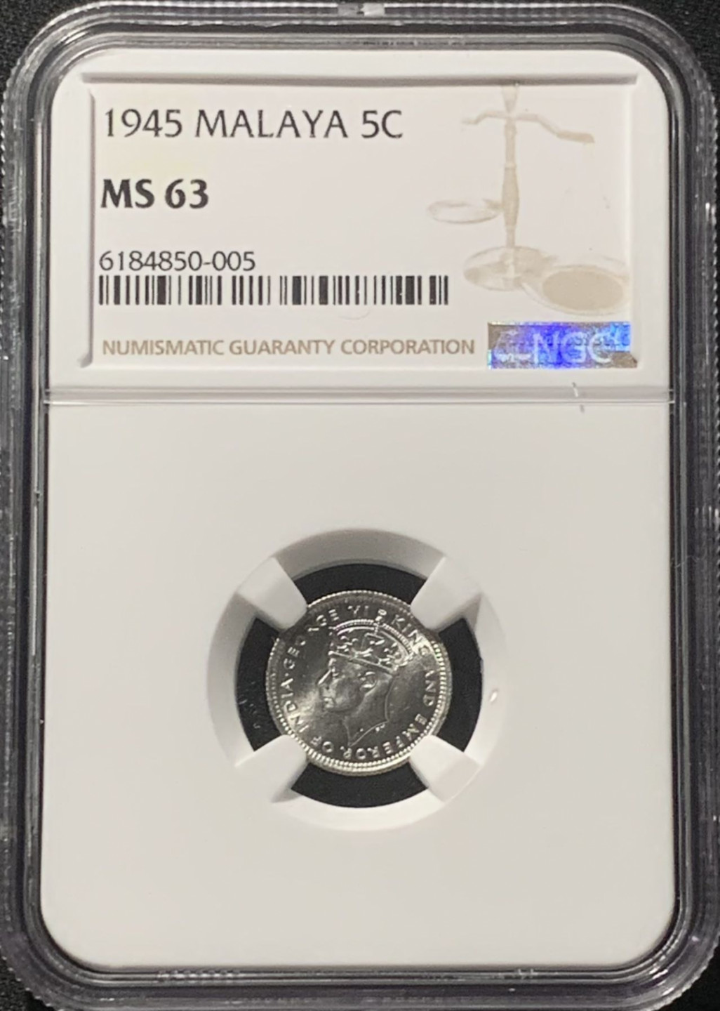 紫瑗钱币——第160期拍卖 马来亚 1945年 乔治六世 5分 银币 NGC MS63
