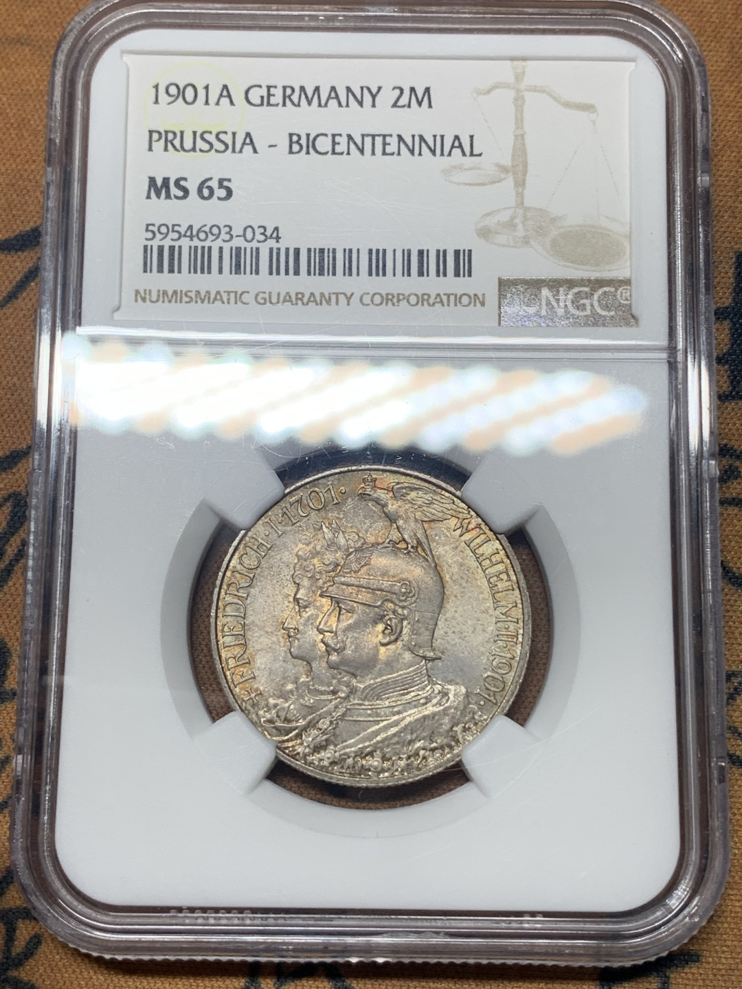 《竞宝斋》钱币微拍-第23场（全场顺丰包邮） ngc-ms65 德国1901年普鲁士建国2马克 纸袋包浆好状态 双面斑驳古铜色彩 实物观感极佳