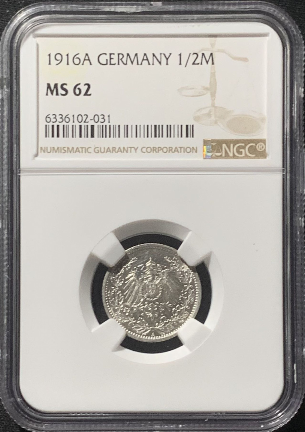 紫瑗钱币——第160期拍卖 德国 1916年 A版 第二帝国 1/2马克 银币 NGC MS62