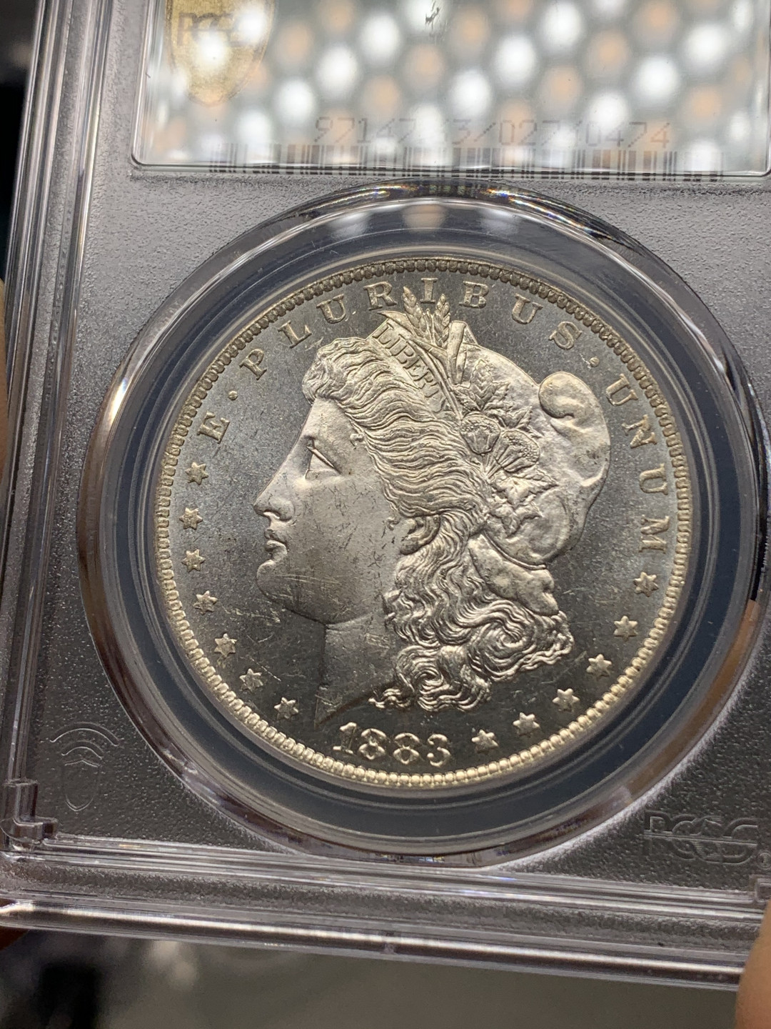 《竞宝斋》钱币微拍-第23场（全场顺丰包邮） PCGS-MS63DMPL 美国摩根币 1883年 新奥尔良厂 深打镜面+35周年盒