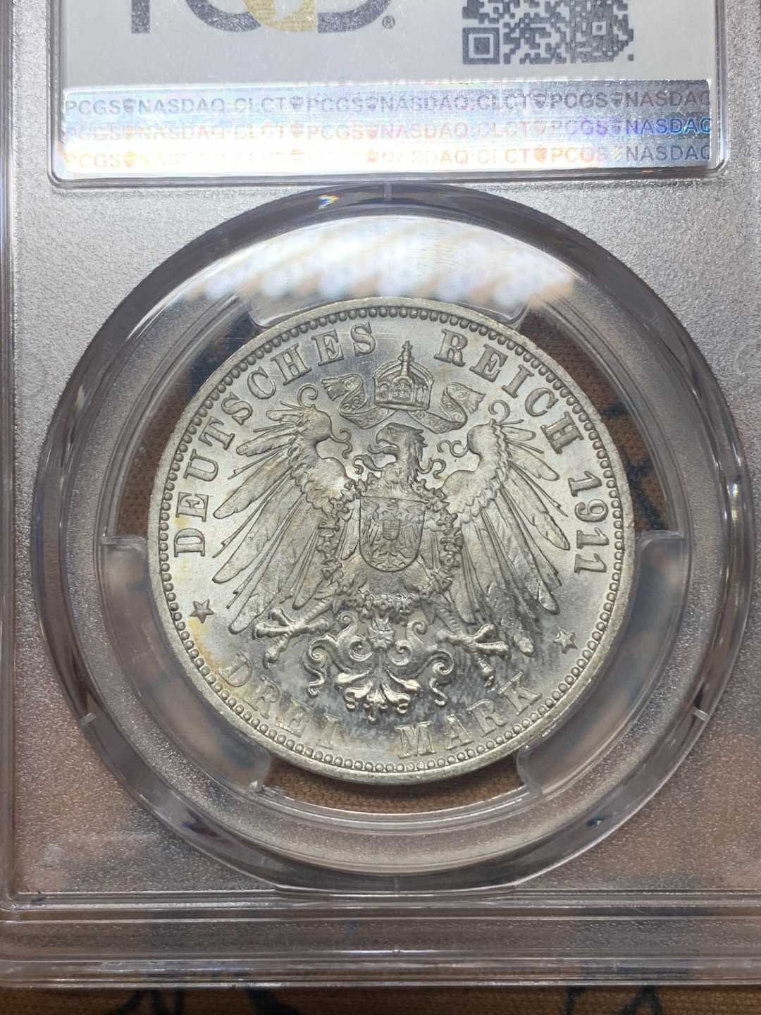 《竞宝斋》钱币微拍-第23场（全场顺丰包邮） PCGS-MS65 德国符腾堡 1911年 银婚纪念 3马克 银币 淡彩包浆 完美细节 分数一步到位