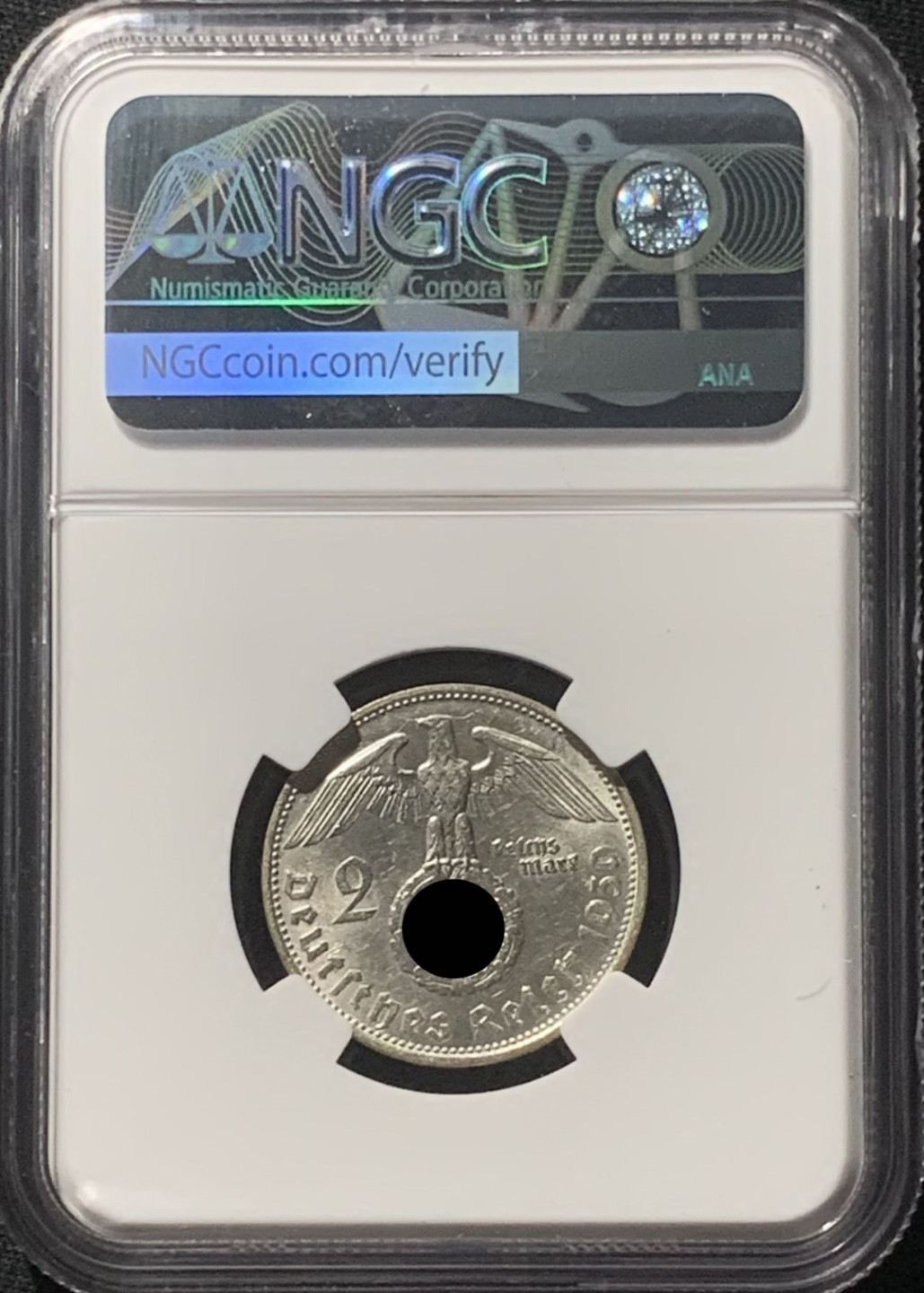 紫瑗钱币——第160期拍卖 德国 1939年 D版 兴登堡 字符版 2马克 银币 NGC MS63