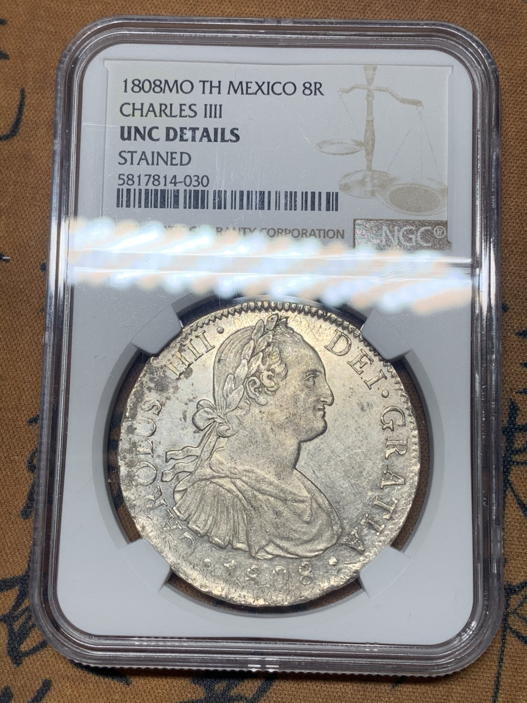 《竞宝斋》钱币微拍-第23场（全场顺丰包邮） NGC-UNCD  1808  西属墨西哥 卡洛斯四世    8里亚尔  原味原光  低评