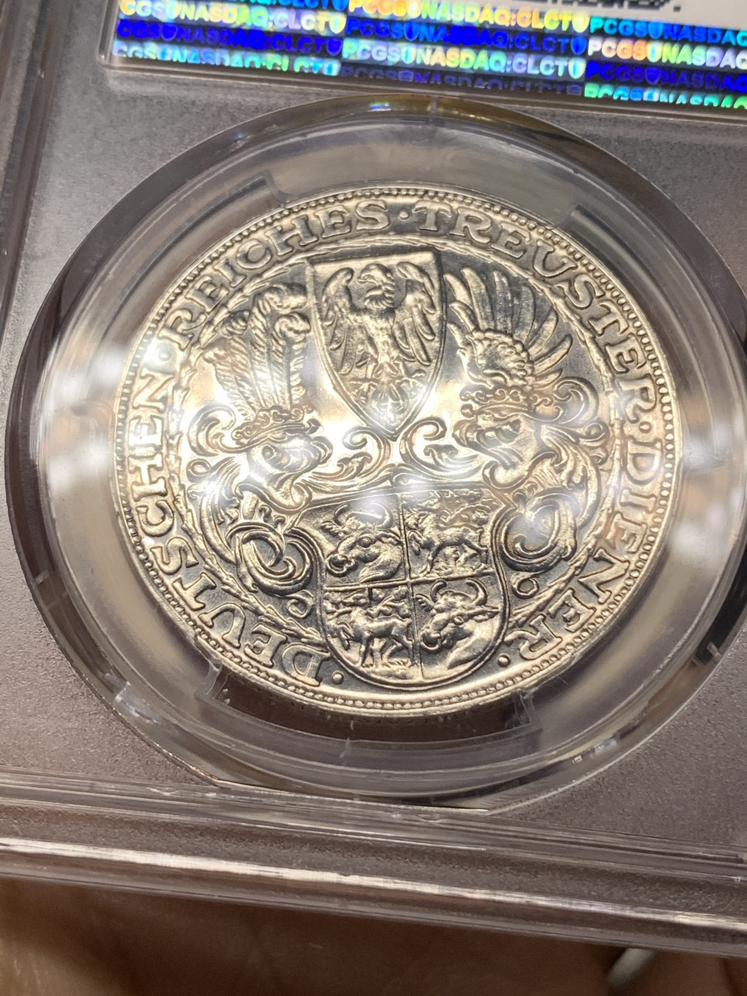 《竞宝斋》钱币微拍-第23场（全场顺丰包邮） PCGS-SP63 1927年德国兴登堡80大寿 5马克币章 SP版本极为少见外加5MK标注 所见不多 喜欢别错过