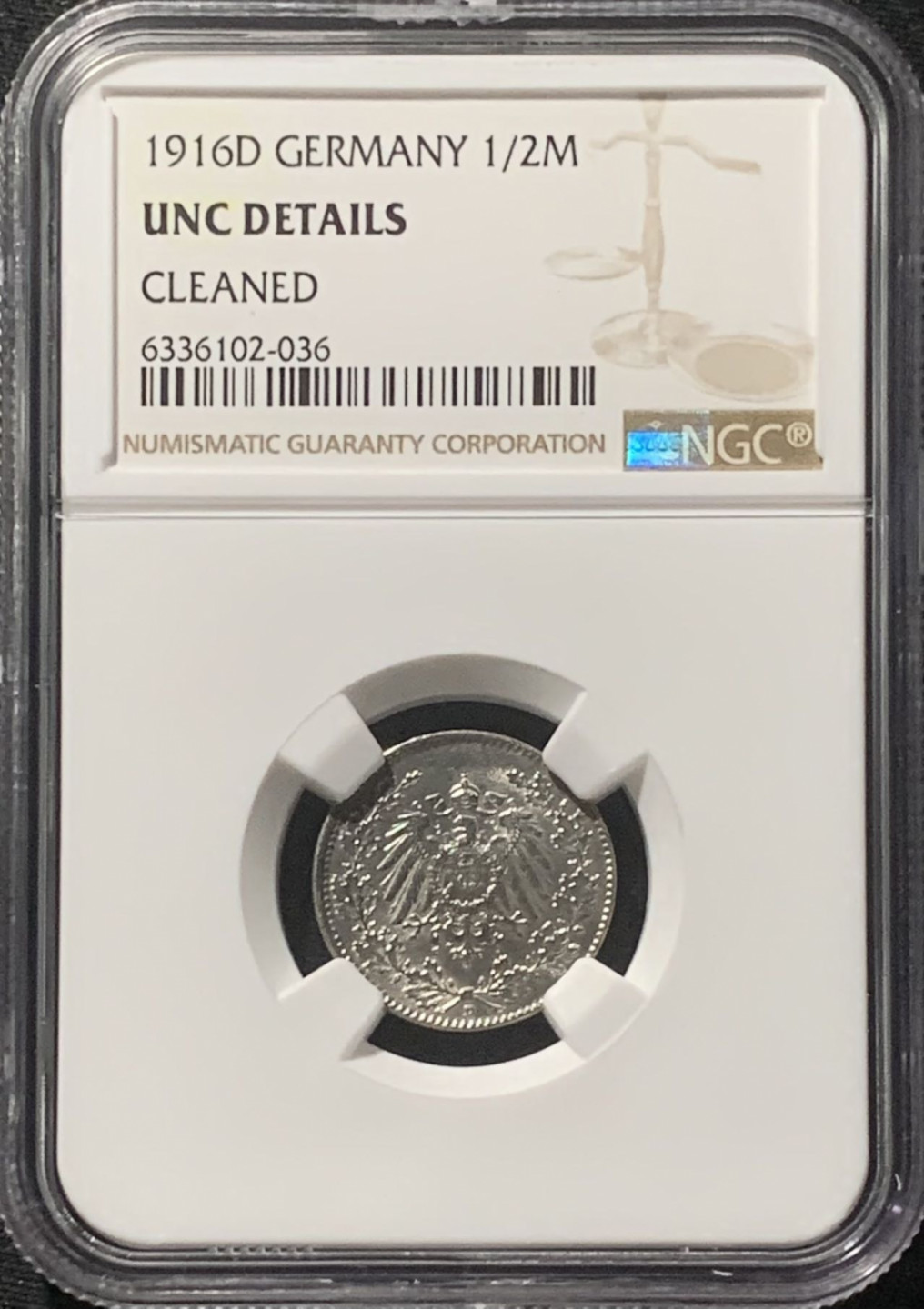 紫瑗钱币——第160期拍卖 德国 1916年 D版 第二帝国 1/2马克 银币 NGC UNC Detail