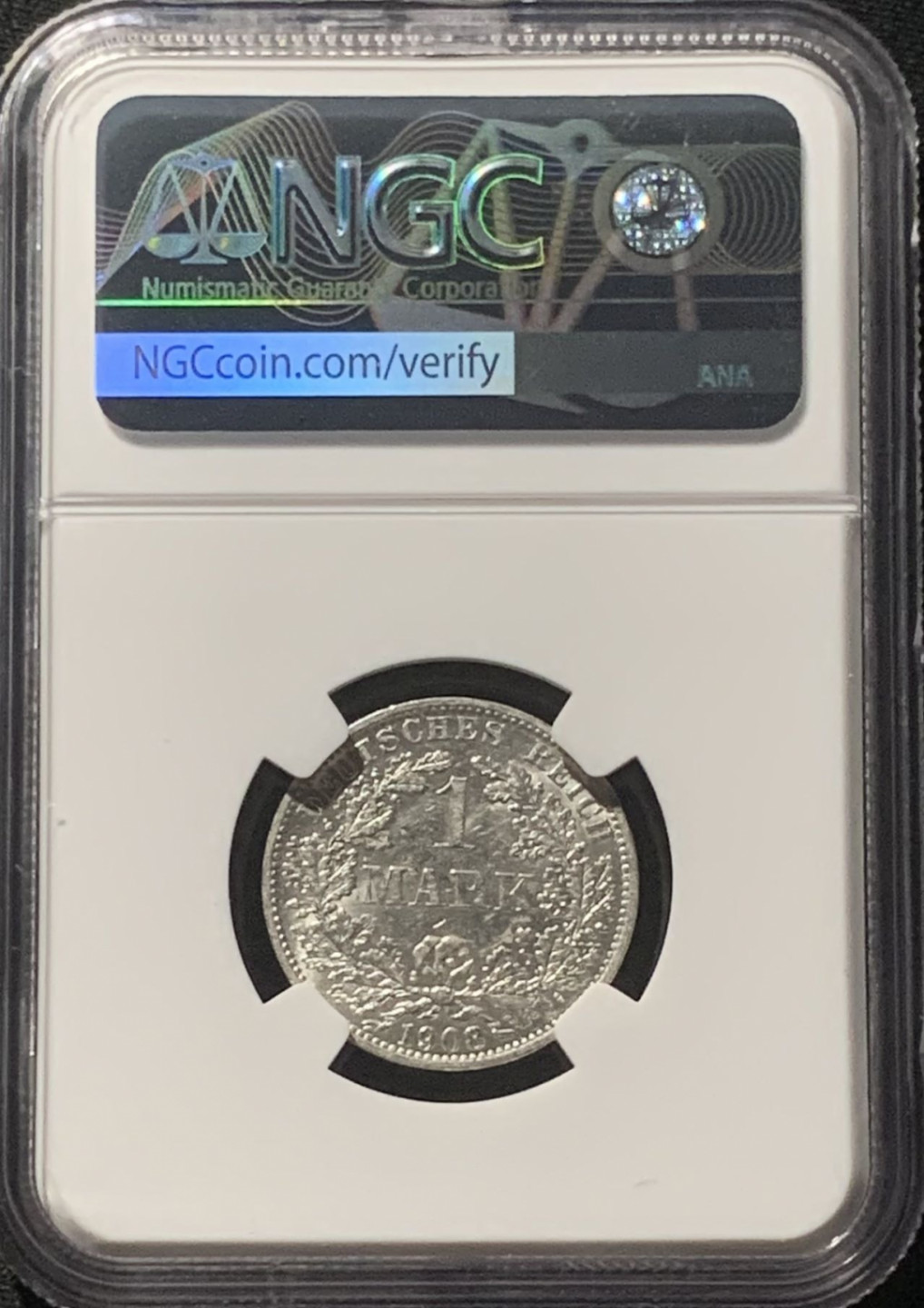 紫瑗钱币——第160期拍卖 德国 1908年 A版 第二帝国 长翅 1马克 银币 NGC AU58