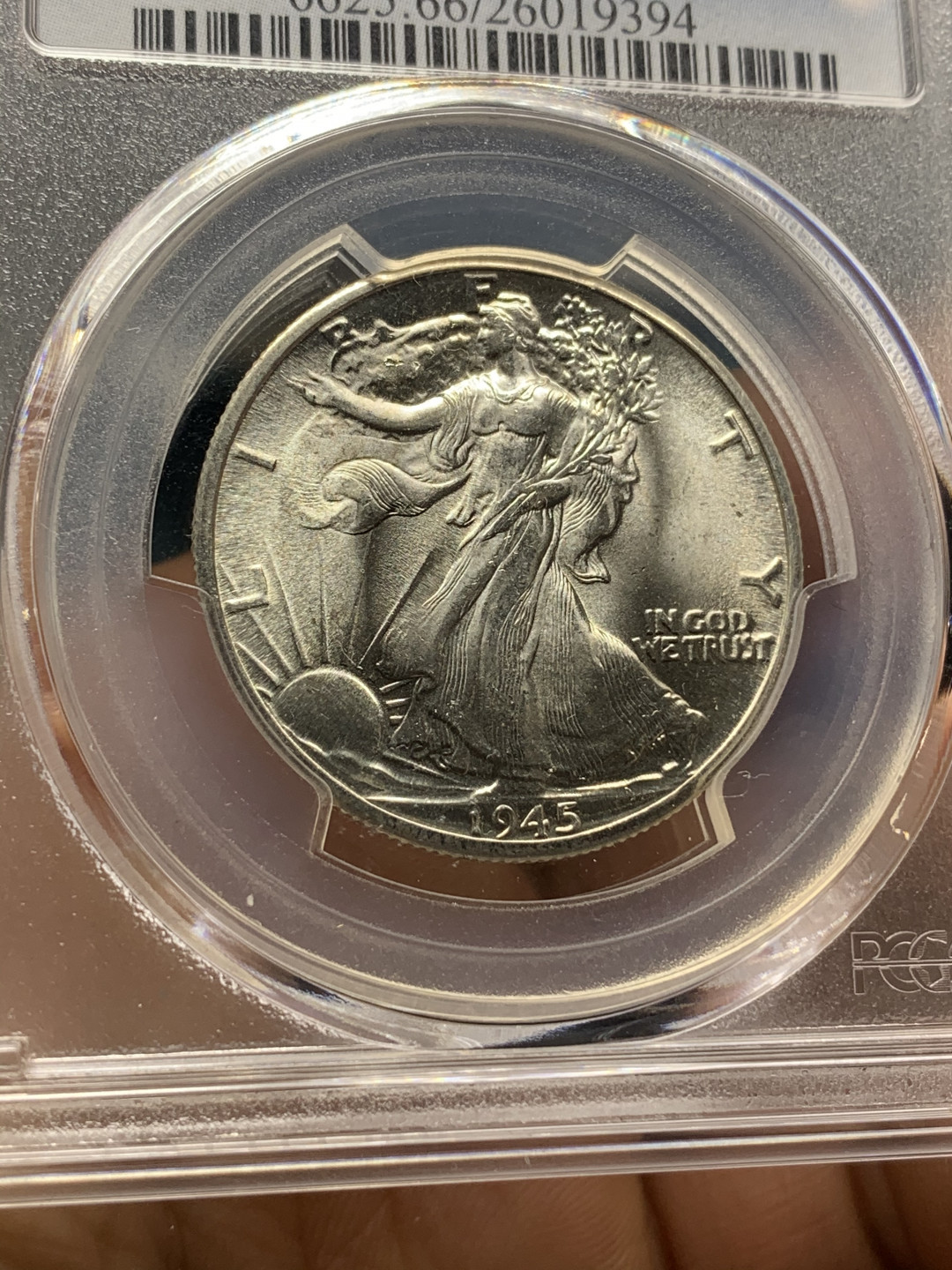 《竞宝斋》钱币微拍-第23场（全场顺丰包邮） PCGS-MS66 美国1945年 行走女神半美元 高分一步到位