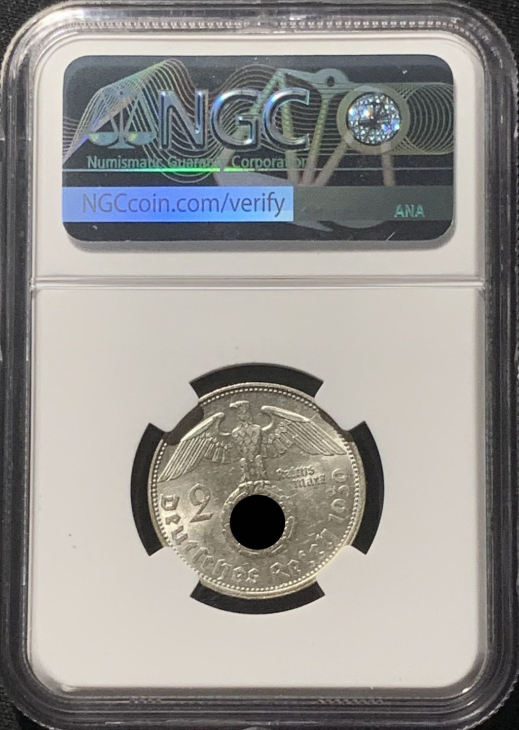 紫瑗钱币——第160期拍卖 德国 1939年 D版 兴登堡 字符版 2马克 银币 NGC MS62