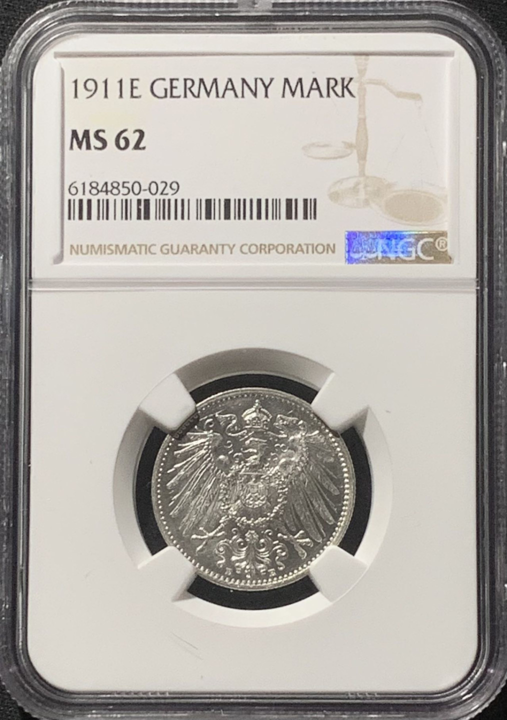 紫瑗钱币——第160期拍卖 德国 1911年 E版 第二帝国 长翅 1马克 银币 NGC MS62