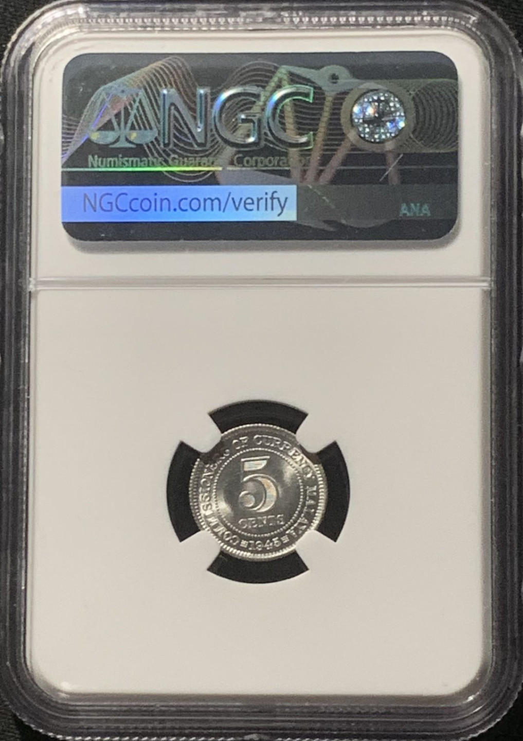 紫瑗钱币——第160期拍卖 马来亚 1945年 乔治六世 5分 银币 NGC MS63