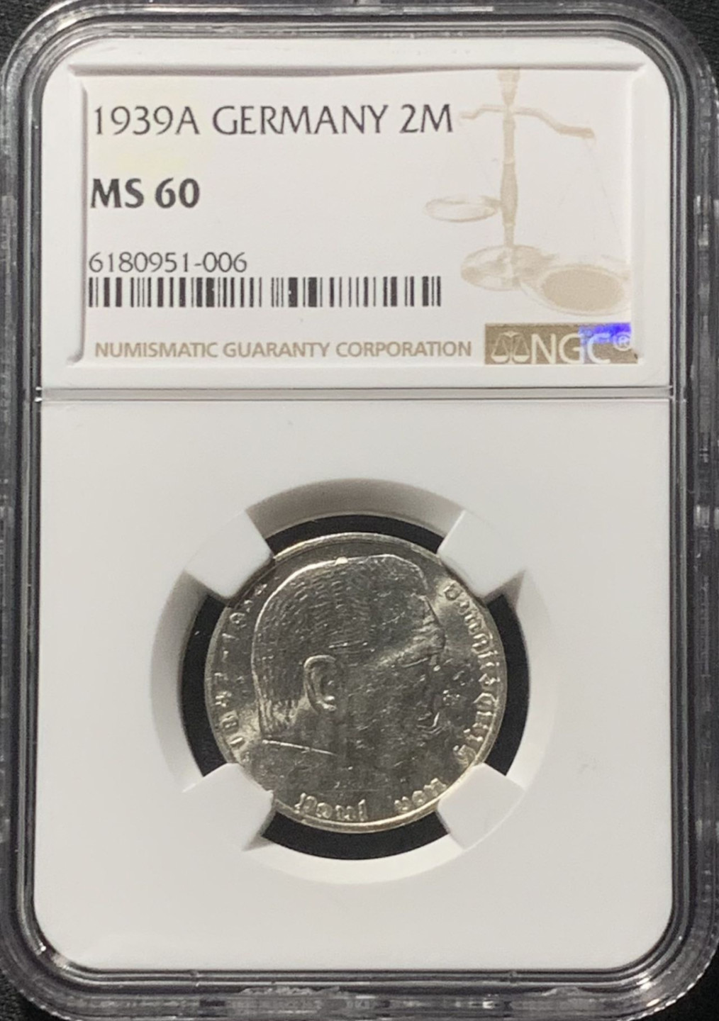 紫瑗钱币——第160期拍卖 德国 1939年 A版 兴登堡 字符版 2马克 银币 NGC MS60