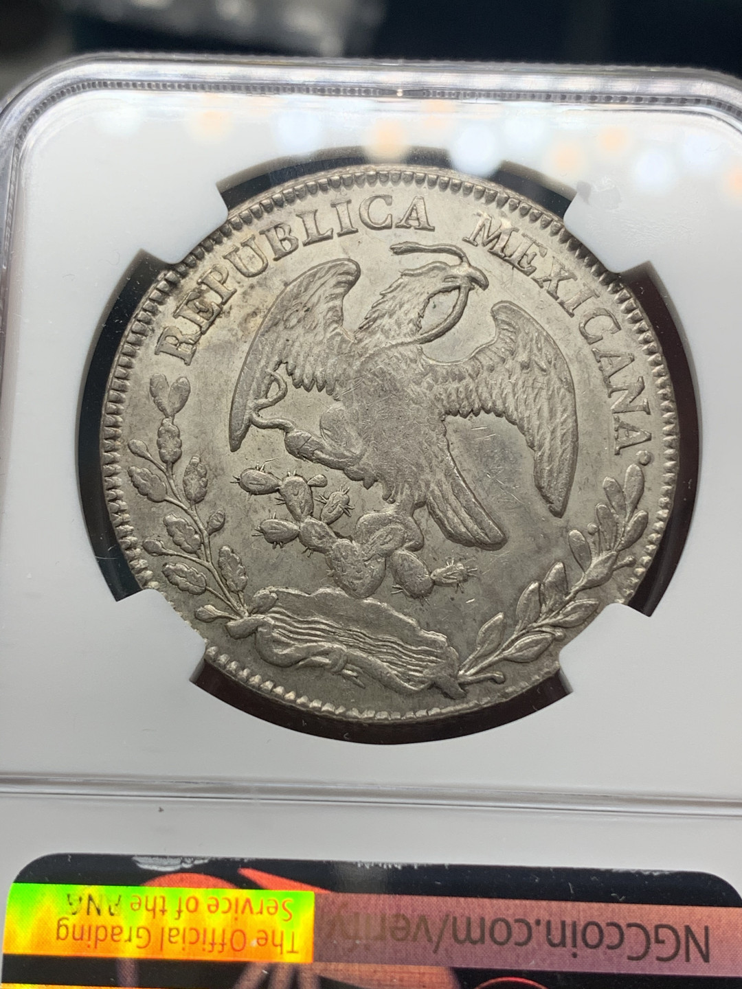 《竞宝斋》钱币微拍-第23场（全场顺丰包邮） NGC-AU58  墨西哥 1879年 8 里亚尔  萨斯特卡斯厂  银币     原味粉光 中期老鹰