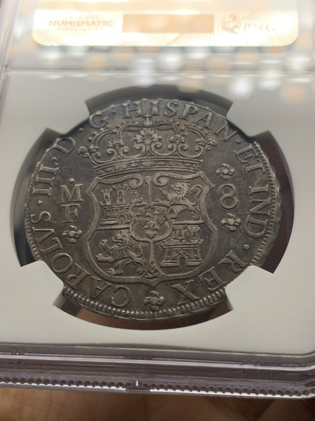 《竞宝斋》钱币微拍-第23场（全场顺丰包邮） NGC-XF45  骑字版1766/5年 墨西哥  双柱地球 骑字8 里亚尔银币  骑字非常少见  黑油彩  