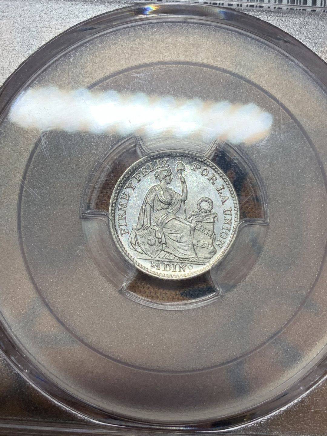 《竞宝斋》钱币微拍-第23场（全场顺丰包邮） pcgs-ms68！1908/7年秘鲁女神小坐洋 少见骑字版 高分小镜子 顶级冠军分 百年前的币 现代币的分数 支撑角有损