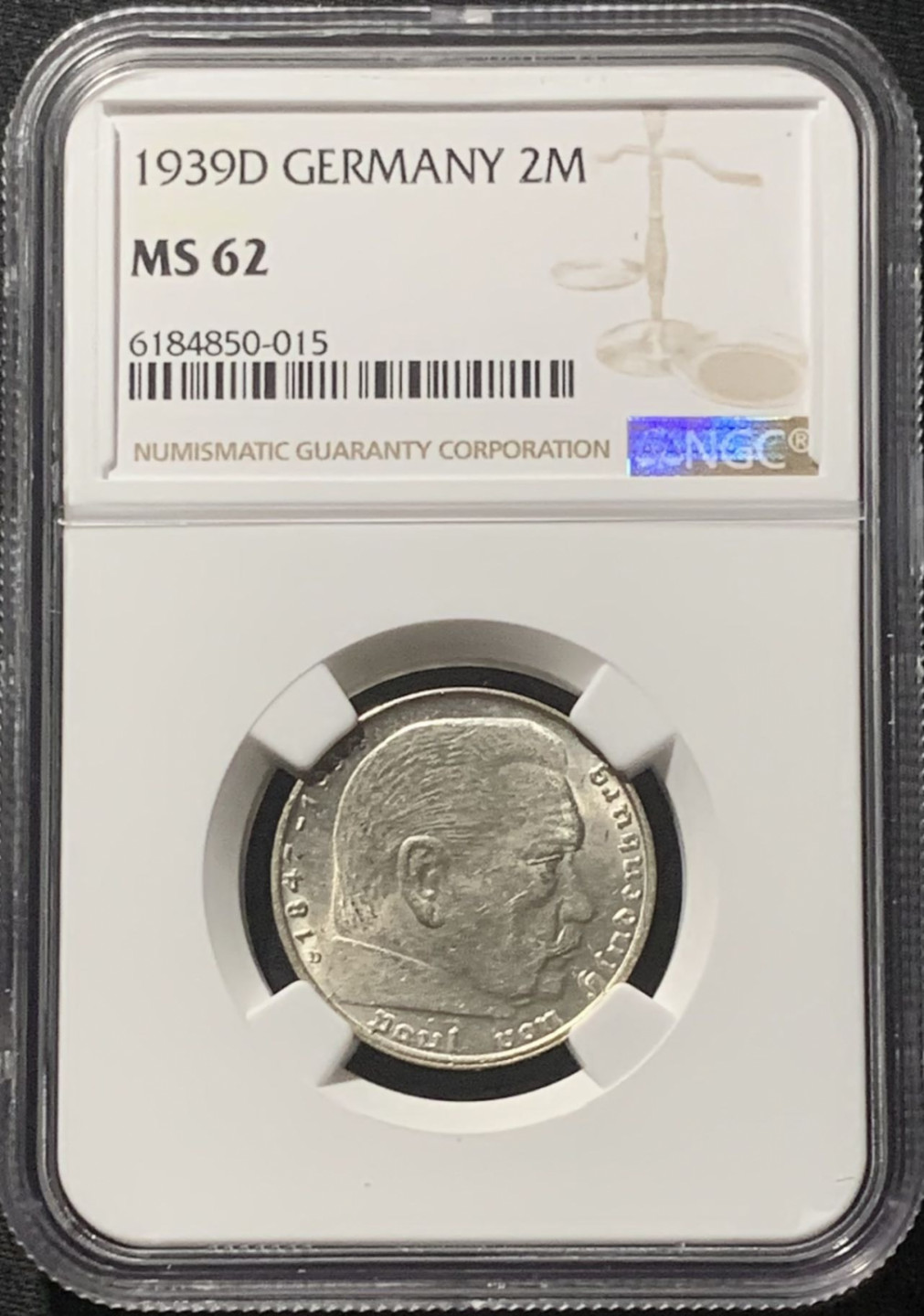 紫瑗钱币——第160期拍卖 德国 1939年 D版 兴登堡 字符版 2马克 银币 NGC MS62