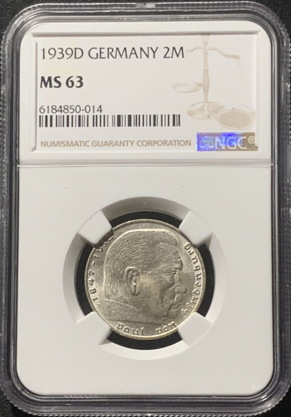 紫瑗钱币——第160期拍卖 德国 1939年 D版 兴登堡 字符版 2马克 银币 NGC MS63