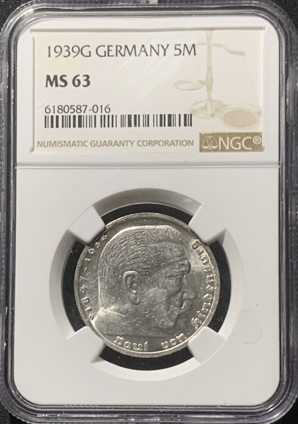 紫瑗钱币——第160期拍卖 德国 1939年 G版 兴登堡 字符版 5马克 银币 NGC MS63